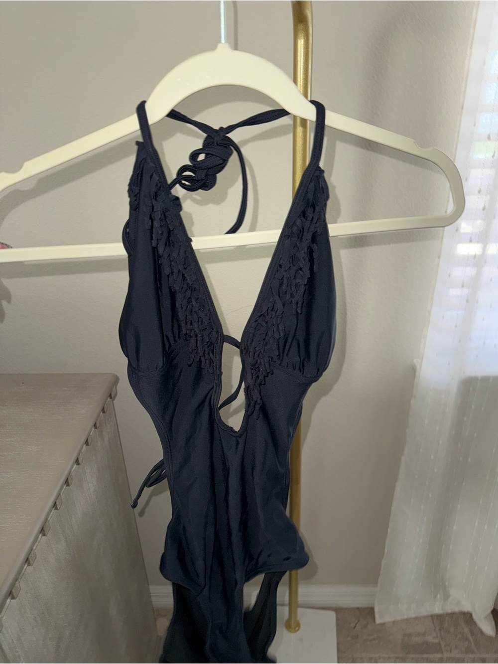 Ninety Nine Degrees Black Fringe Trim Halter Cut Out One-Piece Swimsuit - Picture 2 of 5